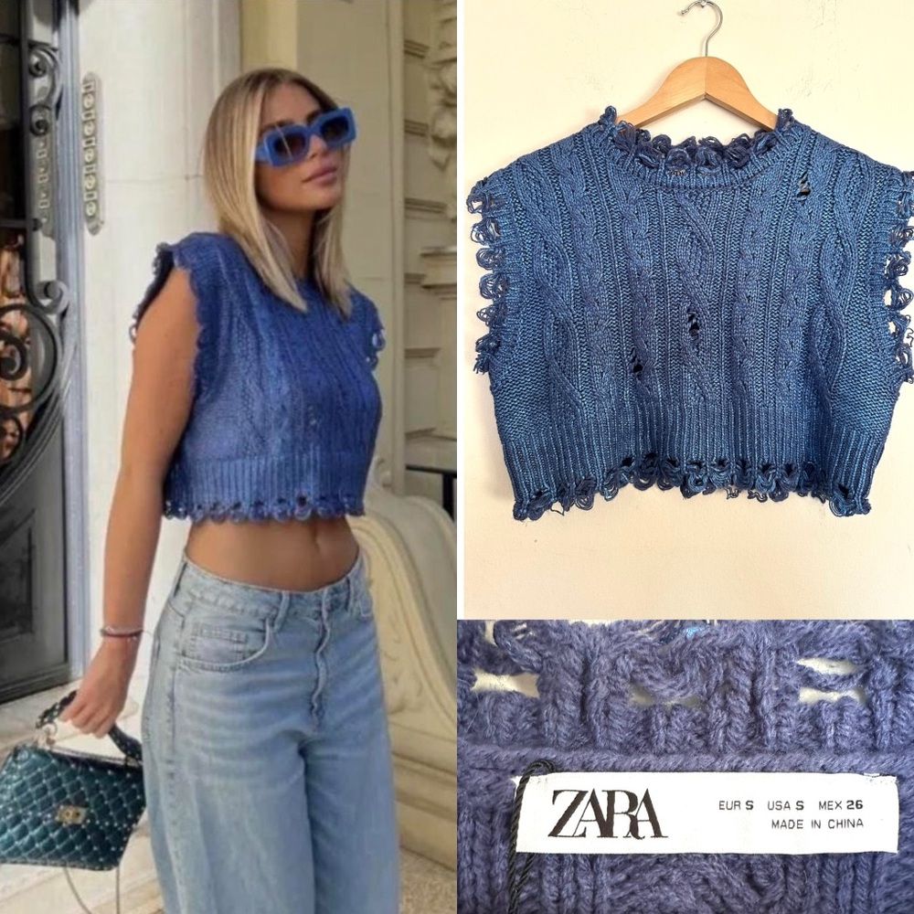 Zara Cable Knit Metallic Vest Women's‎ Sz Small Textured Blue Crop Top